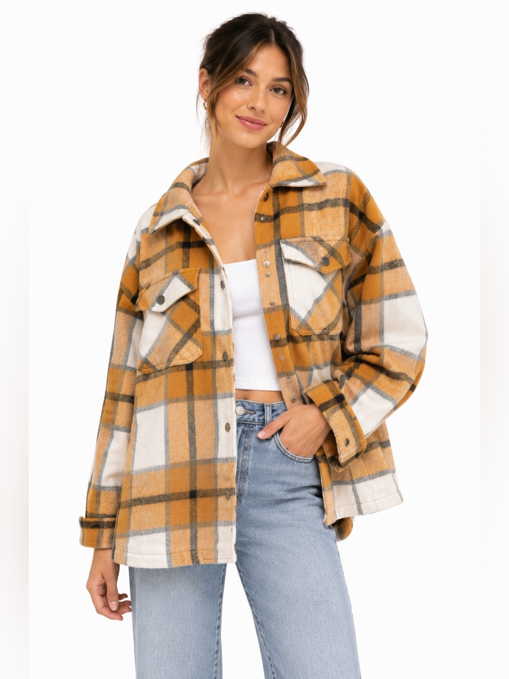 HFX Plaid Shirt Jacket Shacket Mustard Ivory Wool Blend Snap Front Size M NWT